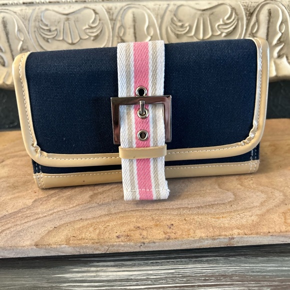Adorable Navy Vachetta Trim Buckle Wallet Clutch With Pink White Striped Design - Picture 2 of 11